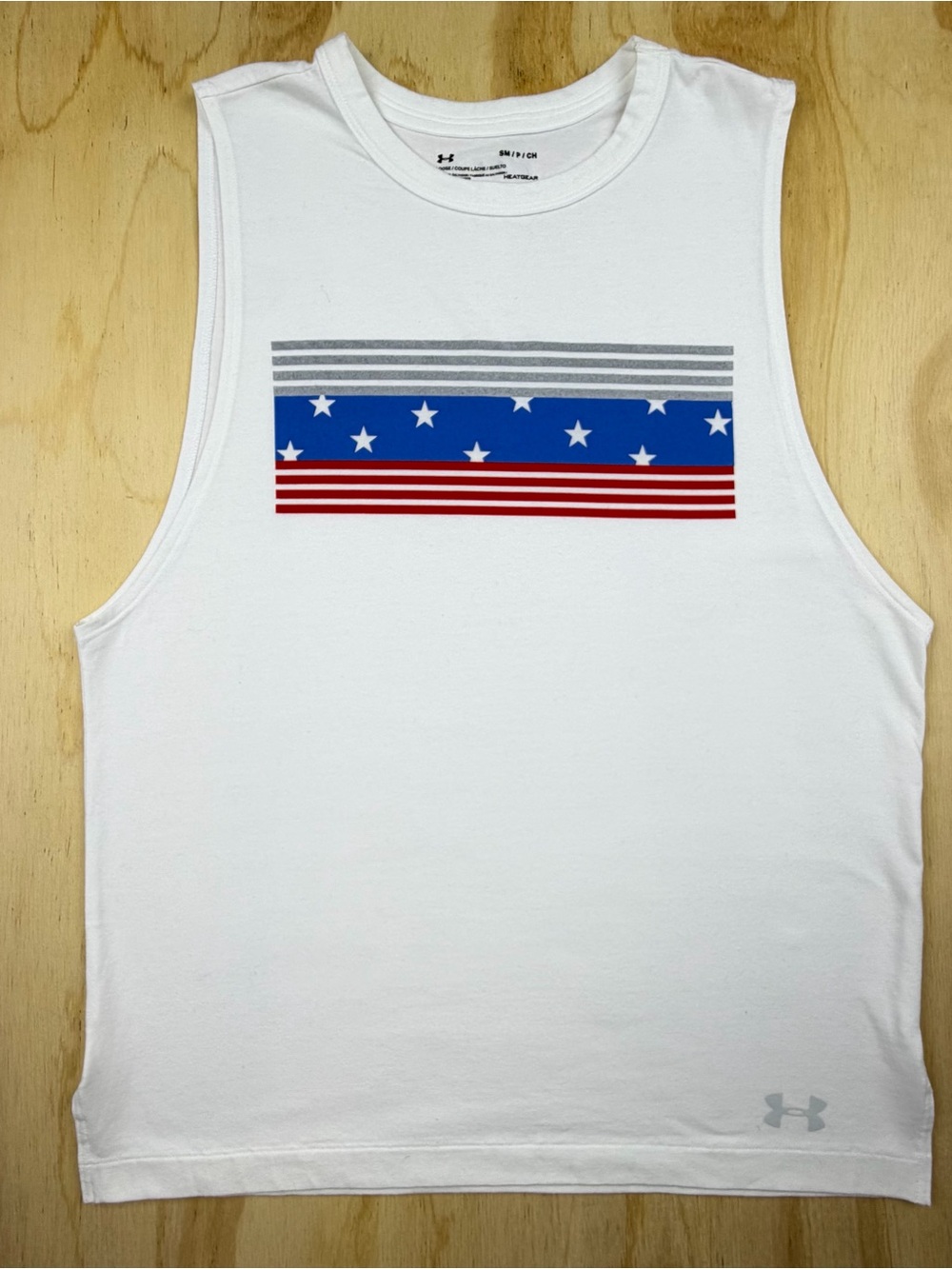 Under Armour White Sleeveless Tank with Red, Blue and Gray Stripe Graphic